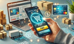 Imagen creada con IA que nos muestra una mano sosteniendo un smartphone, desde el cual se hacen compras en eCommerce a través de billeteras digitales.