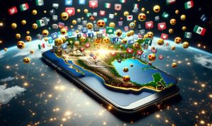 Creada por IA la imagen muestra un mapa de México saliendo de un teléfono móvil del que surgen emojis y likes de redes sociales y banderas mexicanas, mostrando el uso de redes sociales en México
