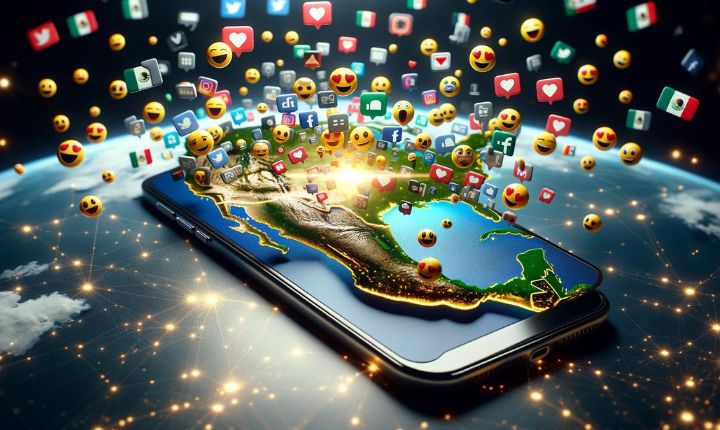 Creada por IA la imagen muestra un mapa de México saliendo de un teléfono móvil del que surgen emojis y likes de redes sociales y banderas mexicanas, mostrando el uso de redes sociales en México