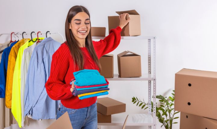 Una emprendedora empaquetando su mercancía en cajas, ya que hace venta en el marketplace de Mercado Libre.