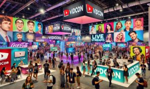 Imagen creada con IA en la que vemos el escenario de la VidCon México 2024, con diferentes pantallas y paneles de expertos.
