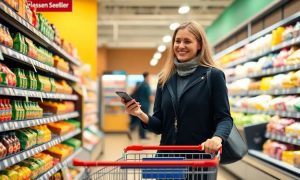 Imagen creada con IA que nos muestra a una compradora de Walmart accediendo a sus tickets digitales desde su smartphone, mientras hace compras en una tienda de la cadena minorista.