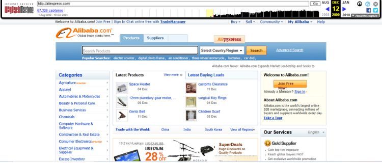 Captura que muestra el diseño de la web de AliExpress en el año 2009