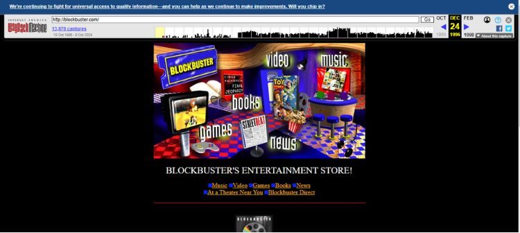 Captura que muestra el diseño de la web de Blockbuster en el año 1996