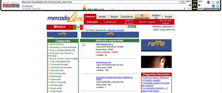 Captura que muestra el diseño de la web de Mercado Libre en el año 2000