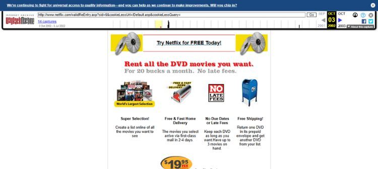 Captura que muestra el diseño de la web de Netflix en 2002