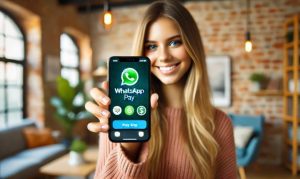 Imagen creada con IA en la que vemos a una chica sosteniendo su celular y mostrando la interfaz de WhatsApp; esto en referencia a la posible llegada de WhatsApp Pay a México.